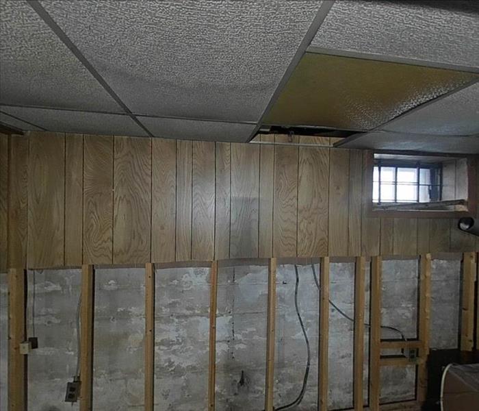 water damage in basement with flood cuts